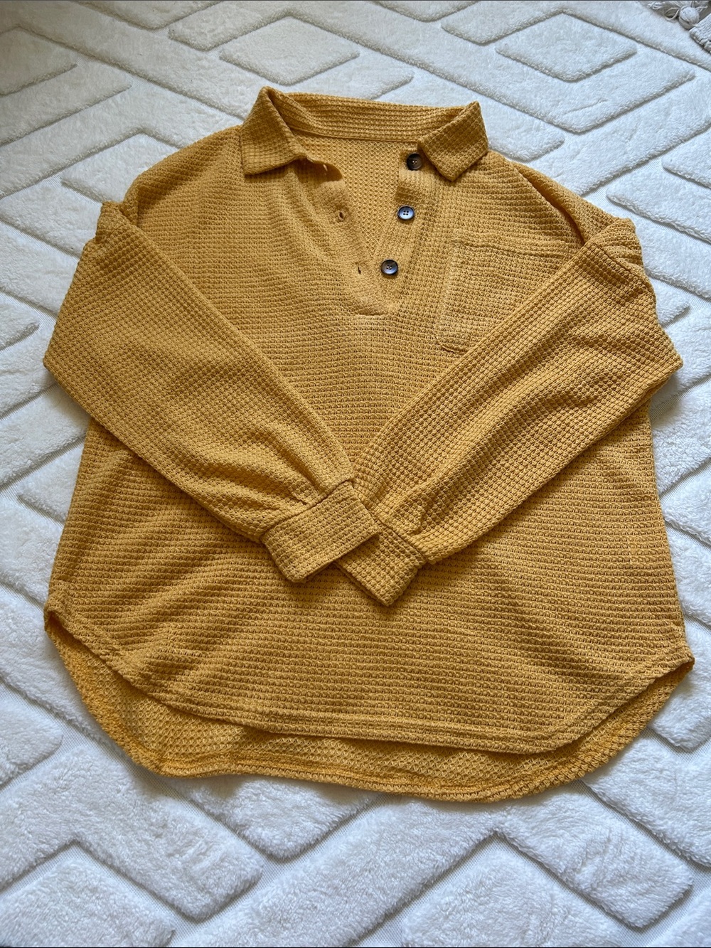 Cozy Waffle Knit Button Collar Top - Mustard Yellow